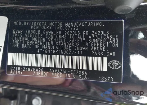 2022 Toyota Camry Se Awd from USA, damaged, VIN 4T1G11BK1NU072711